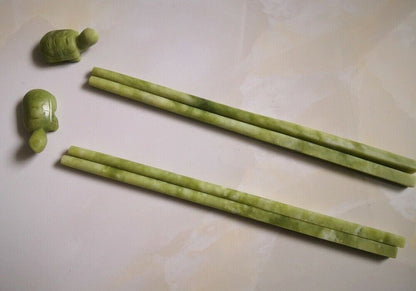 2 Pair Nephrite Spinach Natural Jade Vintage Chopsticks+bracket