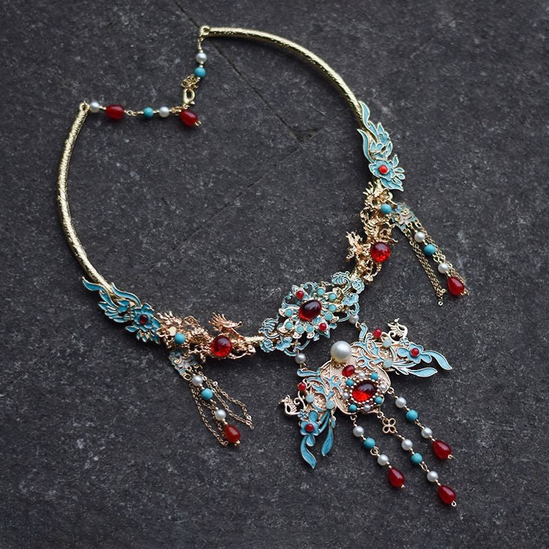 Chinese Cloisonne Yingluo Necklace Vintage Hanfu Tassel Choker Jewelry