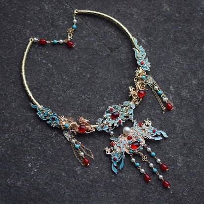 Chinese Cloisonne Yingluo Necklace Vintage Hanfu Tassel Choker Jewelry