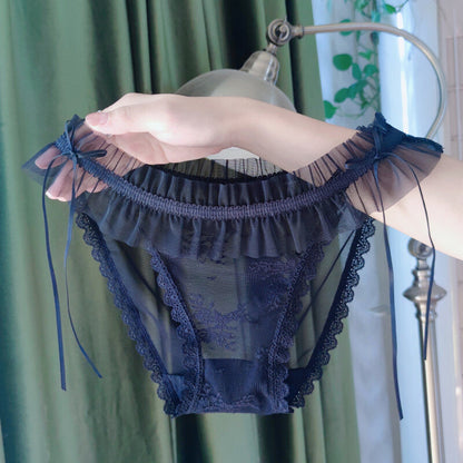 Womens Embroidery Floral Thong Panties Underwear Sheer Lace Bows Briefs Lingerie
