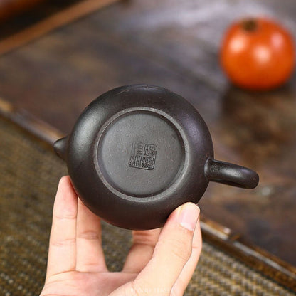 4.53" Yixing Purple Clay Hand Carved Peony Xishi Tea Pot Ball Hole Filter Kettle