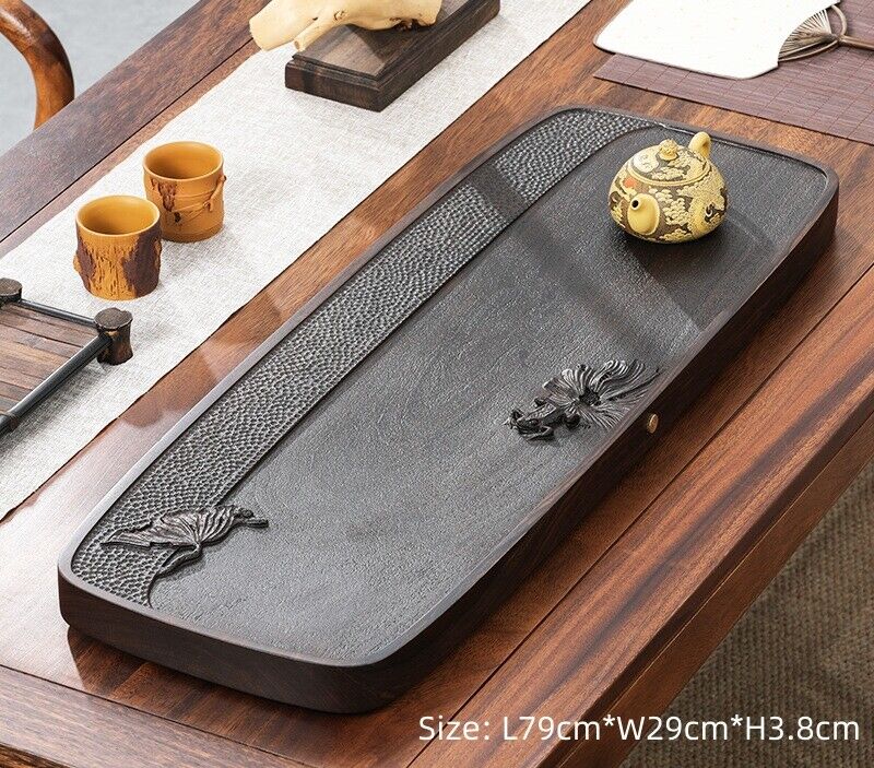 Ebony Wood Tea Tray Hand Carved Serving Tray Water Draining Pipe Solid Wood New