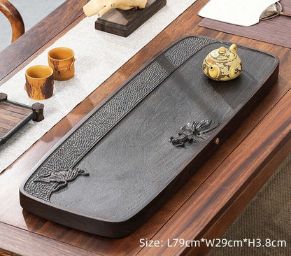 Ebony Wood Tea Tray Hand Carved Serving Tray Water Draining Pipe Solid Wood New