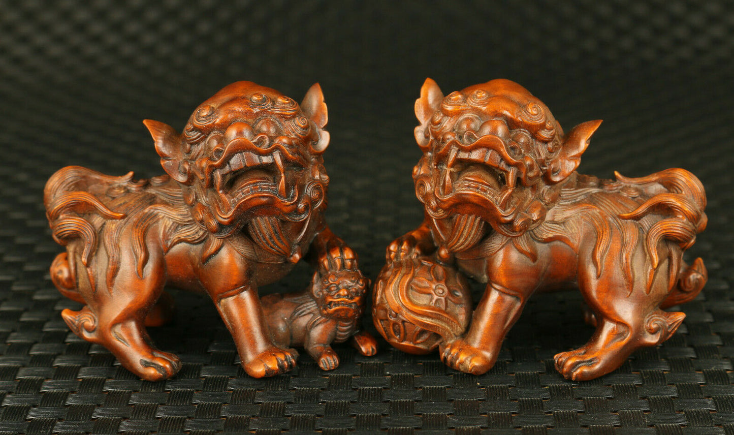 Chinese Wood Boxwood Carving Fengshui Foo Fu Dog Guardion Door Lion Pair Statue