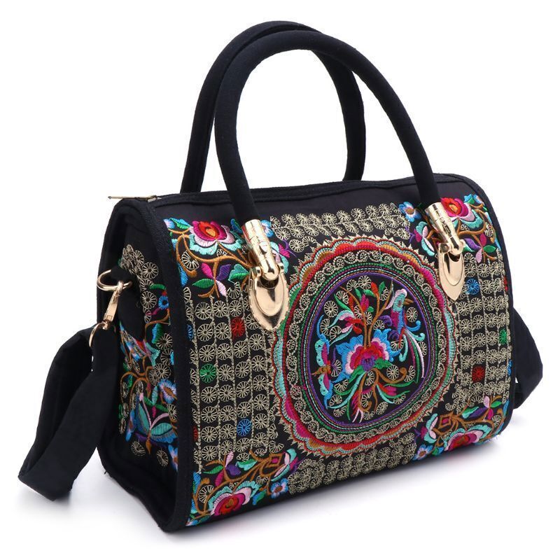 Women Floral Embroidered Handbag Ethnic Boho Canvas Tote Zipper Bag