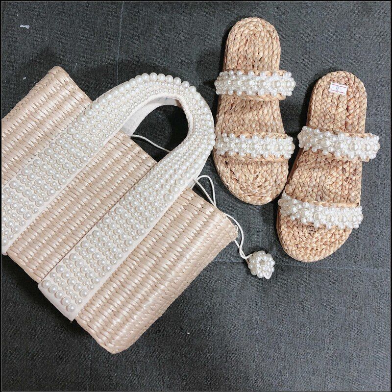 Pearl Straw Bag Fashionable Shoulder Bag Seaside Vacation Handbag Polyester 1 PC