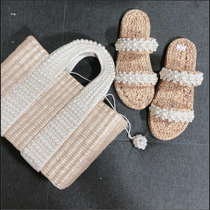 Pearl Straw Bag Fashionable Shoulder Bag Seaside Vacation Handbag Polyester 1 PC