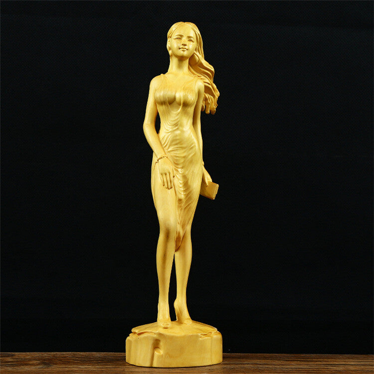 Chinese Boxwood Wood Hand-carved Beautiful Woman Belle Girl Lady Fashion Statue