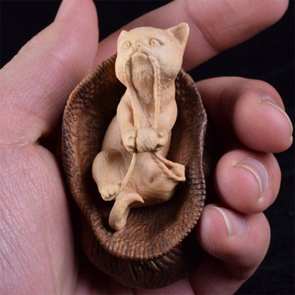 7X5 CM Hand Carved Boxwood Netsuke - Naughty Cat in Basket