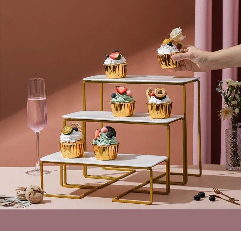 Cake Stand Wrought Iron Golden White Ceramic Plate Snacks Dessert Cupcake Holder
