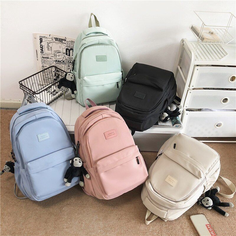 Fashion Nylon Backpack Book Bag Solid Color Big Schoolbag Laptop Backpack Green