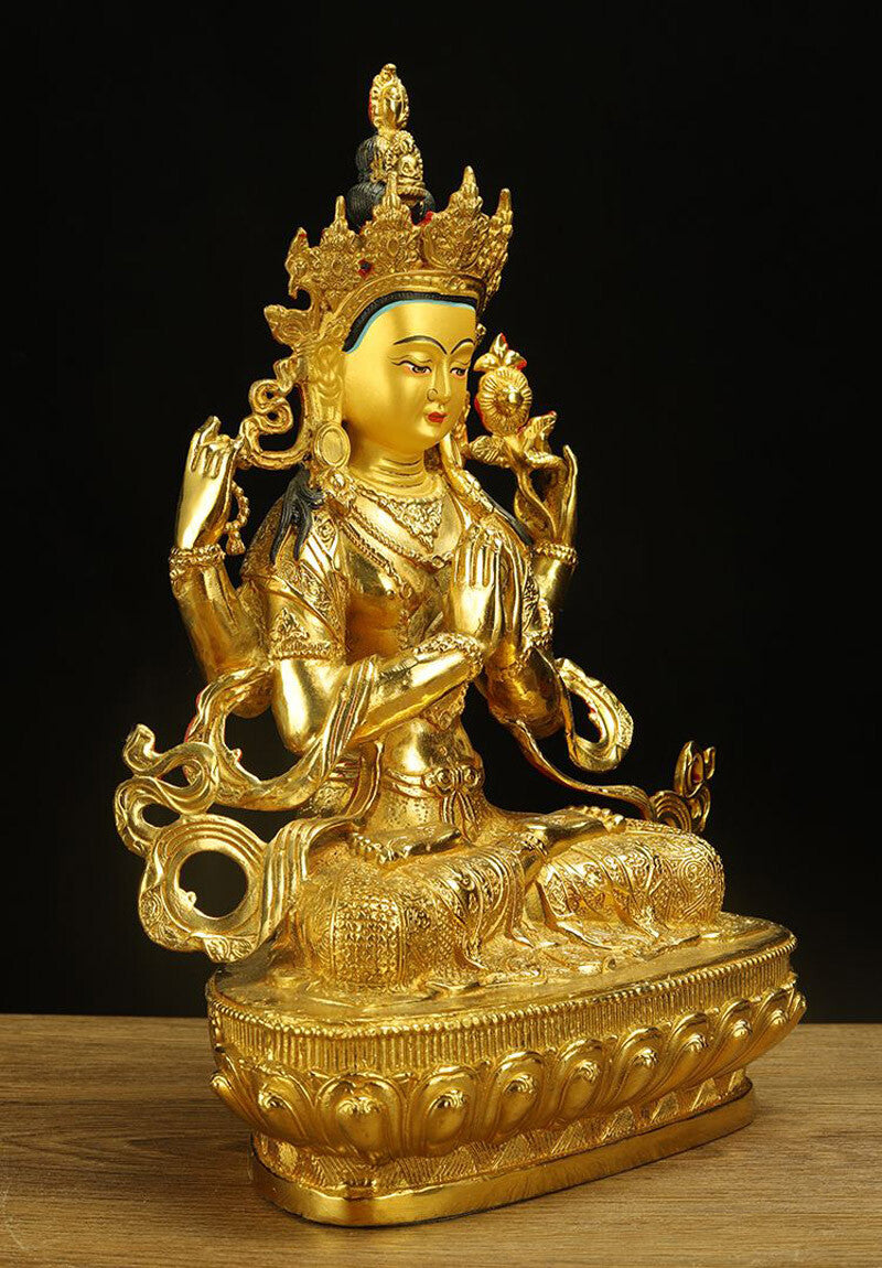 8" Chenrezig Kwan-yin 4 Arms Guanyin Divinity Buddha Statue Pure Bronze Gilt