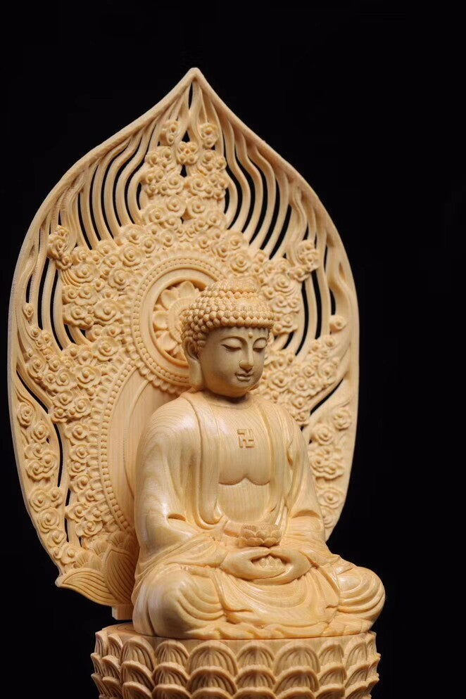 Chinese Juniper Wood Sakyamuni Buddhism Ru-laistatue桧木.座莲阿弥陀佛