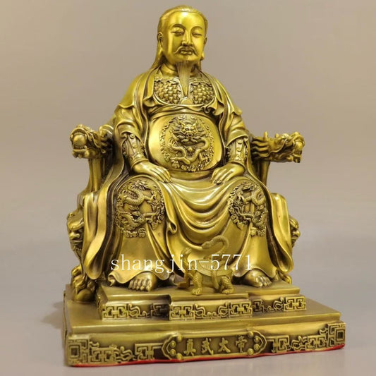 11.4''Old Chinese Pure Bronze Dragon Chair Emperor Zhenwu Statue Sculpture
