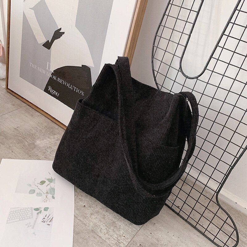 Corduroy Tote Bag Carry Shoulder Bag Retro Handbag Inner Pocket Travel Shopping
