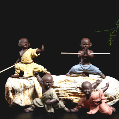 Chinese Shao Lin Monk Kungfu Posture Statue Zisha Purple Clay Boy On Tea Tray