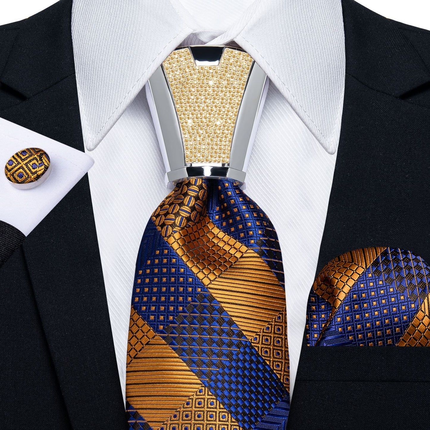 Men Necktie 3Pcs Luxury Striped Ties Cufflinks Pocket Square Wedding Accessories
