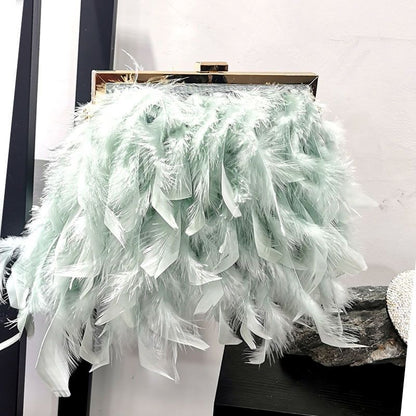 Elegant Purse Feather Handbag Clutch White Pearl Chain Shoulder Bag 20*15*18 CM