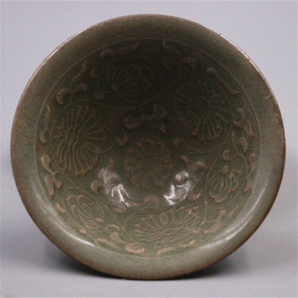 Chinese Song Yaozhou Kiln Celadon Glaze Porcelain Carved Flowers Bowl 4.1 Inch