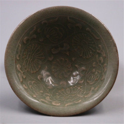 Chinese Song Yaozhou Kiln Celadon Glaze Porcelain Carved Flowers Bowl 4.1 Inch
