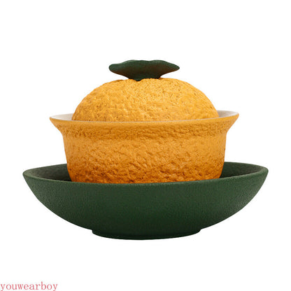 Chinese Sancai Gaiwan Handmade Pottery Tea Cup Bowl Orange Shape Tea Tureen