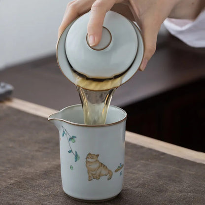 160ml Traditional Ceramic Tureen Bowl Handmade Cat Pattern Gaiwan Cup Tea Set