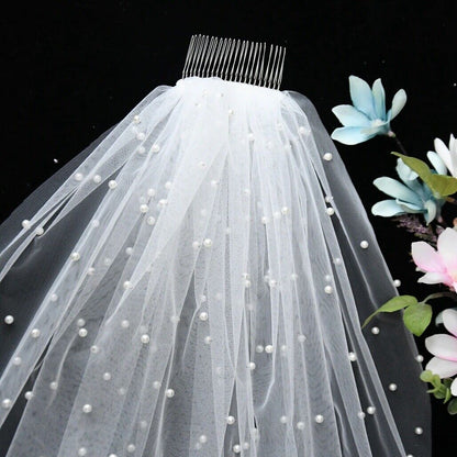 Wedding Veil With Comb Luxury Bridal Pearl Tulle Party Hair Accessories 75-500cm