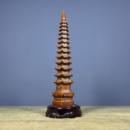 Vintage Rosewood Wenchang Pagoda, Hand-Carved, Red Sandalwood Base, 28cm