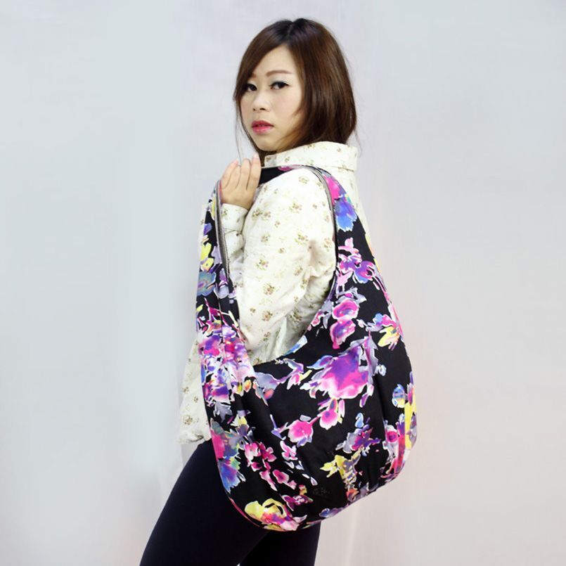 Flowers Hobos Bags Shoulder Purse Handbags Ethnic Floral Cotton Canvas Bag 1 PC