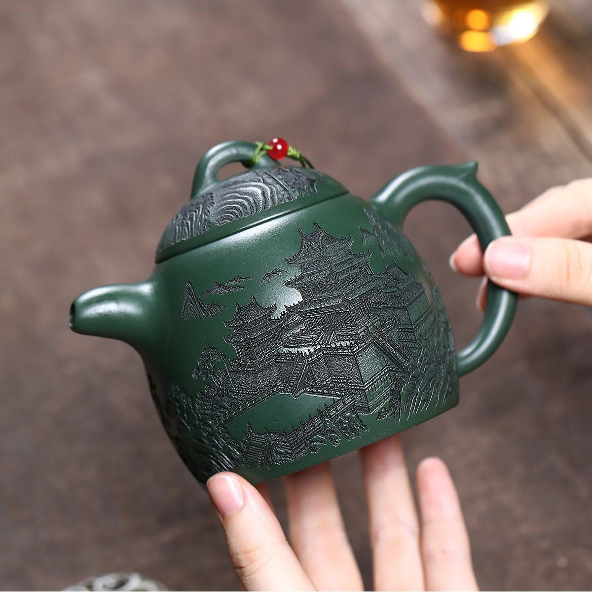 320ml Yixing Zisha Green Clay Teapot Handmade Yueyang Tower Qin Quan Tea Pot