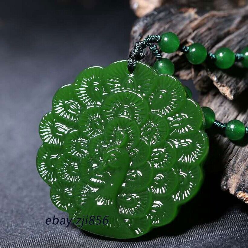 Natural Jade Carving Green Peacock Pendant Necklace