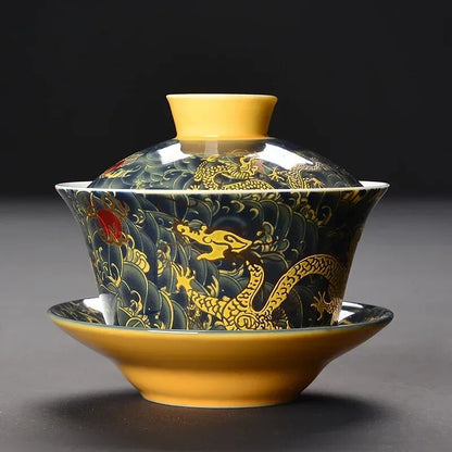 Longjing Sancai Tea Cup Retro Chinese Style Covered Bowl Large Dragon 200ml