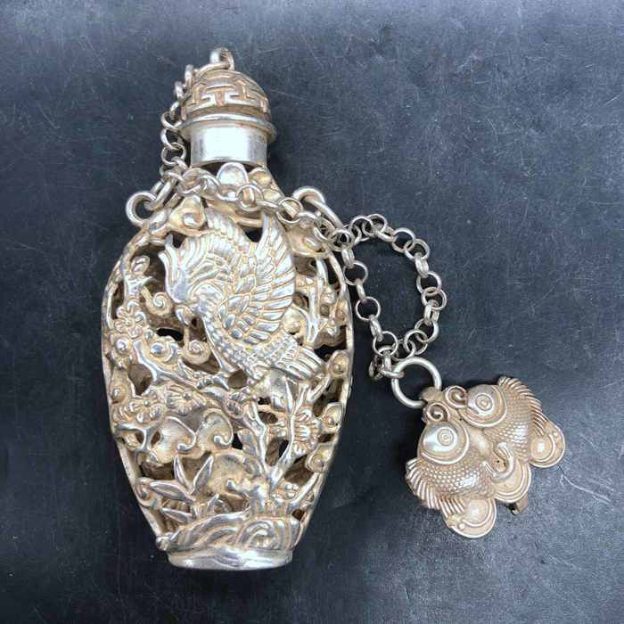 Vintage Chinese Silver Plated Copper Crane Openwork Incense Sachet Pendant