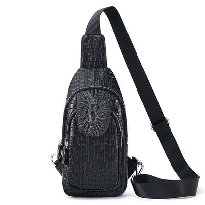 Black Real eather Sling Backpack, Men's Crossbody Chest Bag with Crocodile Print
