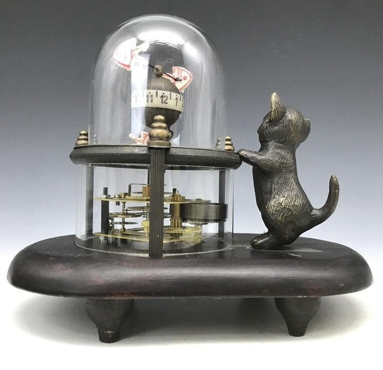Brass Cat Catching Fish Clock Table Clock Retro Craft Lucky Feng Shui Ornaments