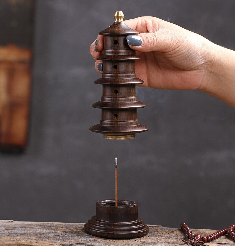 Ebony Wood Carved Stupa Pagoda Tower Incense Stick Burner Zen Buddhism Decor