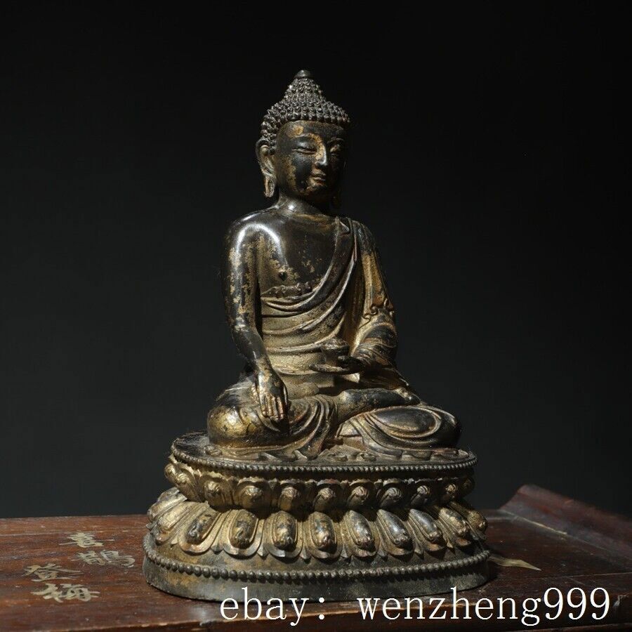 10"old Tibet Buddhism Temple Bronze Gilt Sakyamuni Shakya Mani Buddha Statue