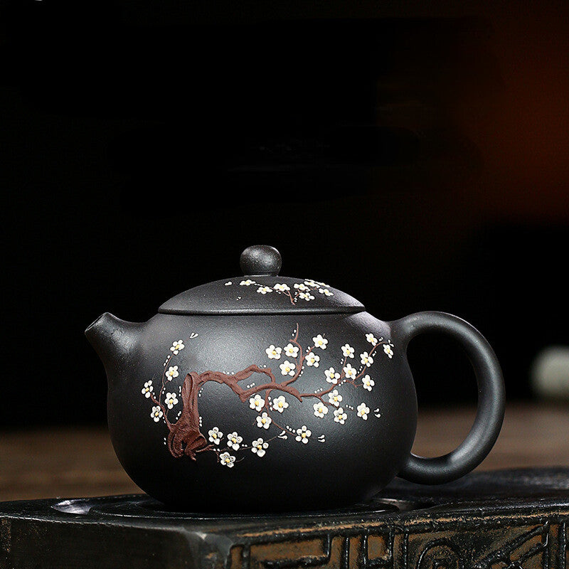 China Yixing Zisha Pottery Black Clay Handmade 450cc Plum Blossom Teapot