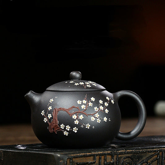 China Yixing Zisha Pottery Black Clay Handmade 450cc Plum Blossom Teapot