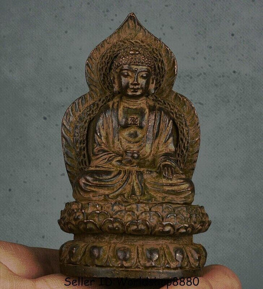 3.8" Old Tibet Buddhism Bronze Sakyamuni Tathagata Buddha Lotus Backlight Statue