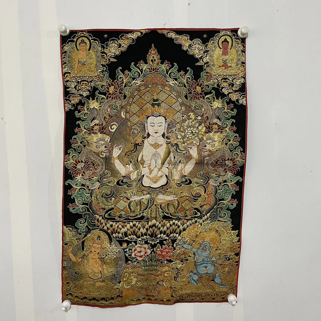 35" Tibetan Buddhism Embroidery Four-armed Guanyin Buddha Thangka Worship Hall