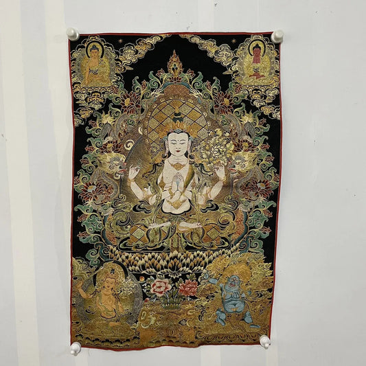 35" Tibetan Buddhism Embroidery Four-armed Guanyin Buddha Thangka Worship Hall