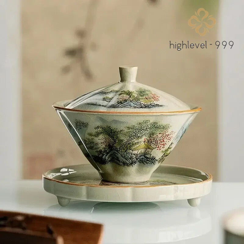 JingdezhenCeramic Tea Cup Bamboo Hat Traditional Handmade Tea Ware Sancai Gaiwan