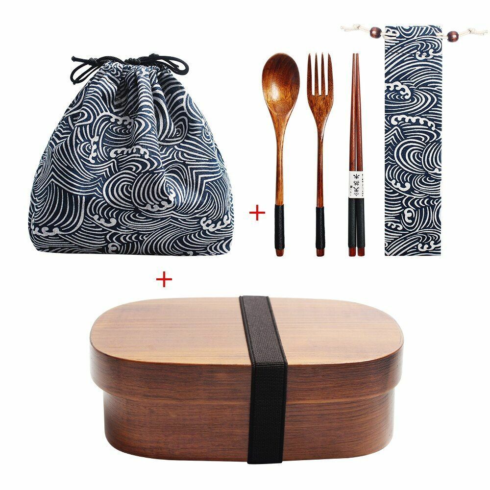 Wooden Lunch Box Picnic Japanese Bento School Kids Dinnerware Set Bag Spoon Fork