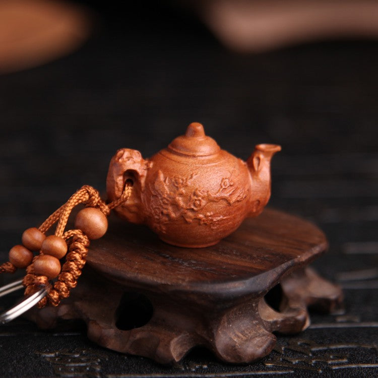 Plum Blossom Tea Pot Peach Wood Keychain Stereoscopic Car Keychain Pendant