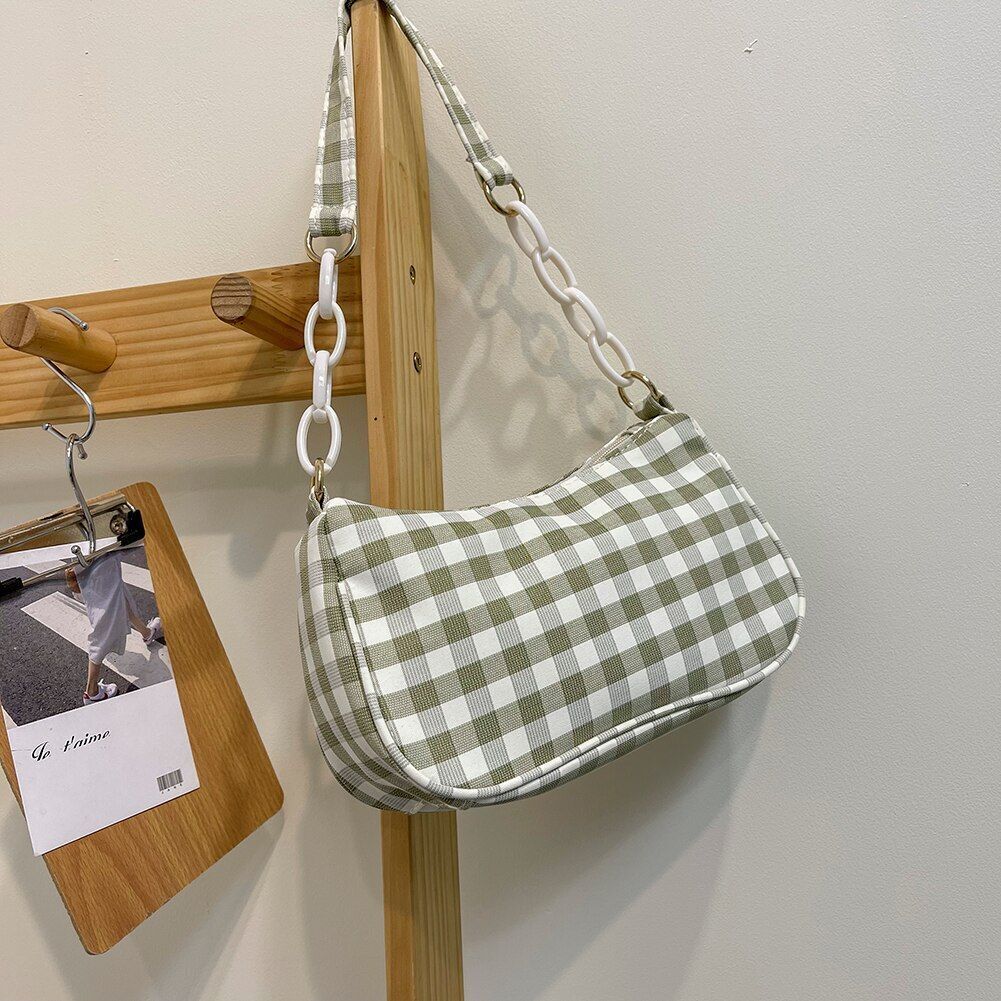 Oxford Cloth Plaid Shoulder Underarm Bags Chain Small Purse Handbag 22*13*6 CM