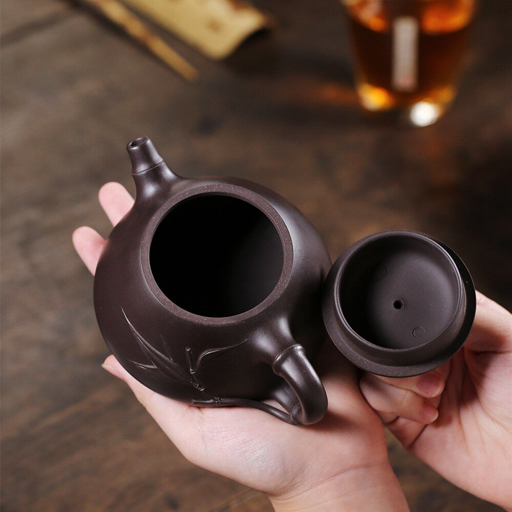 250ml Handmade Tea Pot Bamboo Carved Marked Real Yixing Zisha Purple Clay Pot