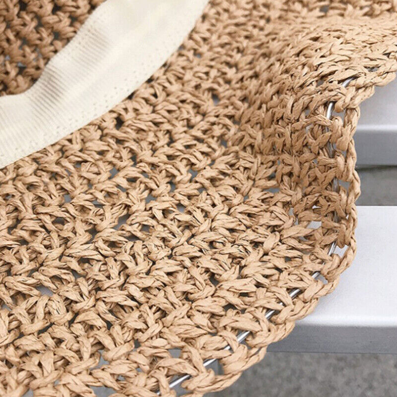 Women Vintage Fashion Folding Straw Bucket Hat Braid Summer Beach Sun Hat w/ Bow