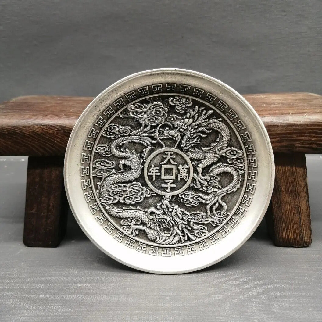 Chinese silver engraving favors "Ssangyong" plate metal crafts decoration -