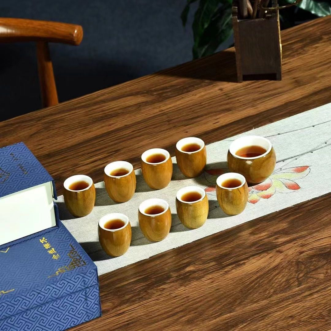1 pcs Golden Nanmu Tea Cup 4.6×4.8cm Ceramic Lined Wine Cup Natural Wood